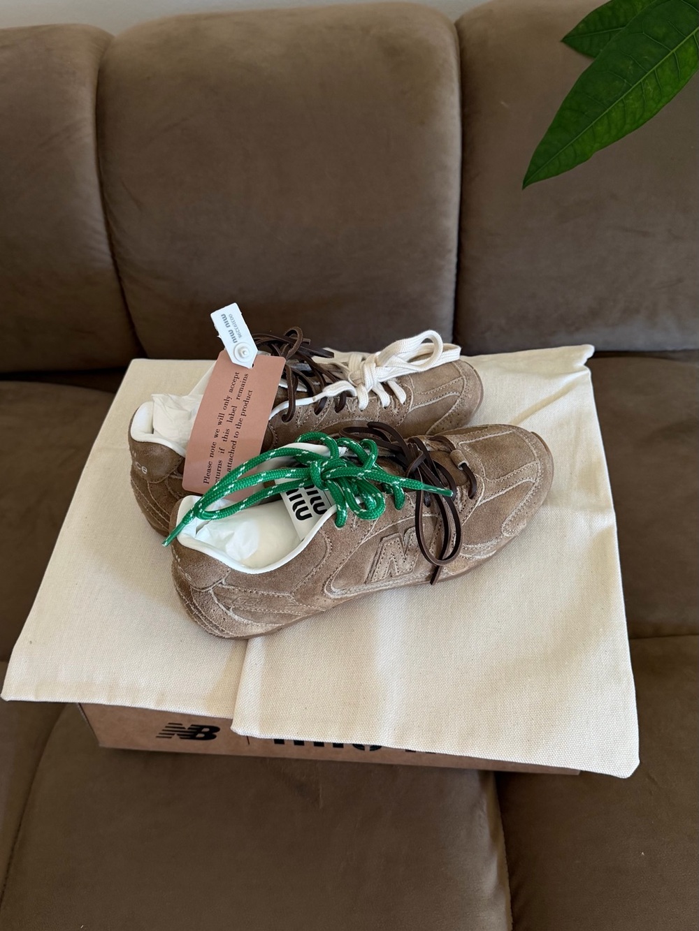 Miu Miu Taupe Suede Sneakers with Green Accent Laces